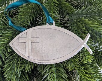 Ichthys, Jesus Fish Pewter Christmas Ornament