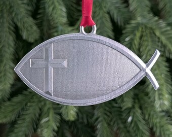 Jesus Fish Christmas Ornament – Pewter Ichthys Christian Tree Ornament, Religious Holiday Gift