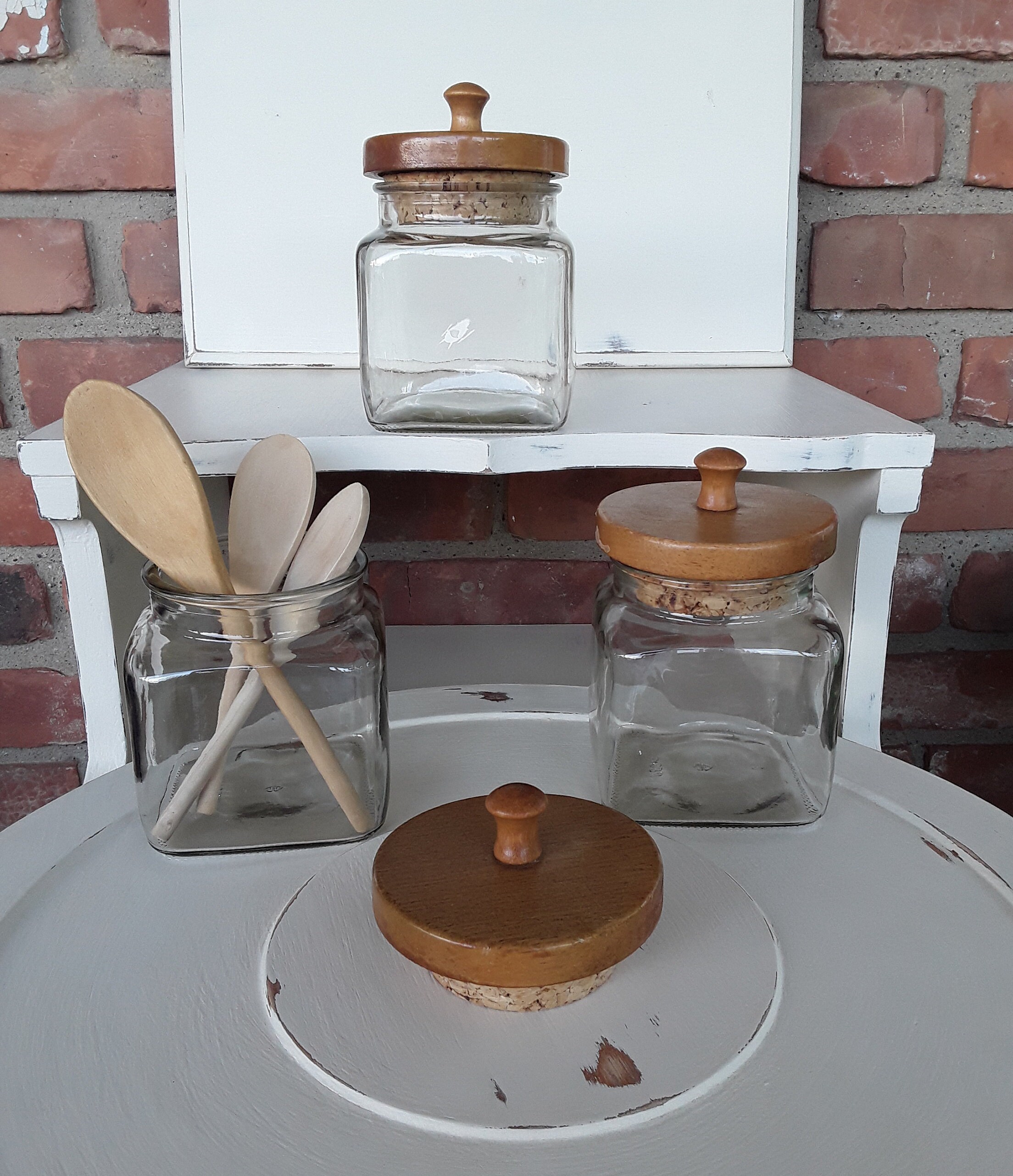 Vintage set of 3 glass canisters with wood and cork lids Etsy