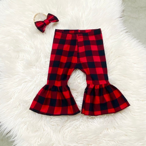 Red black Buffalo plaid baby girl belle pants matching headband set, newborn Christmas plaid outfits, preemie coming home outfits,