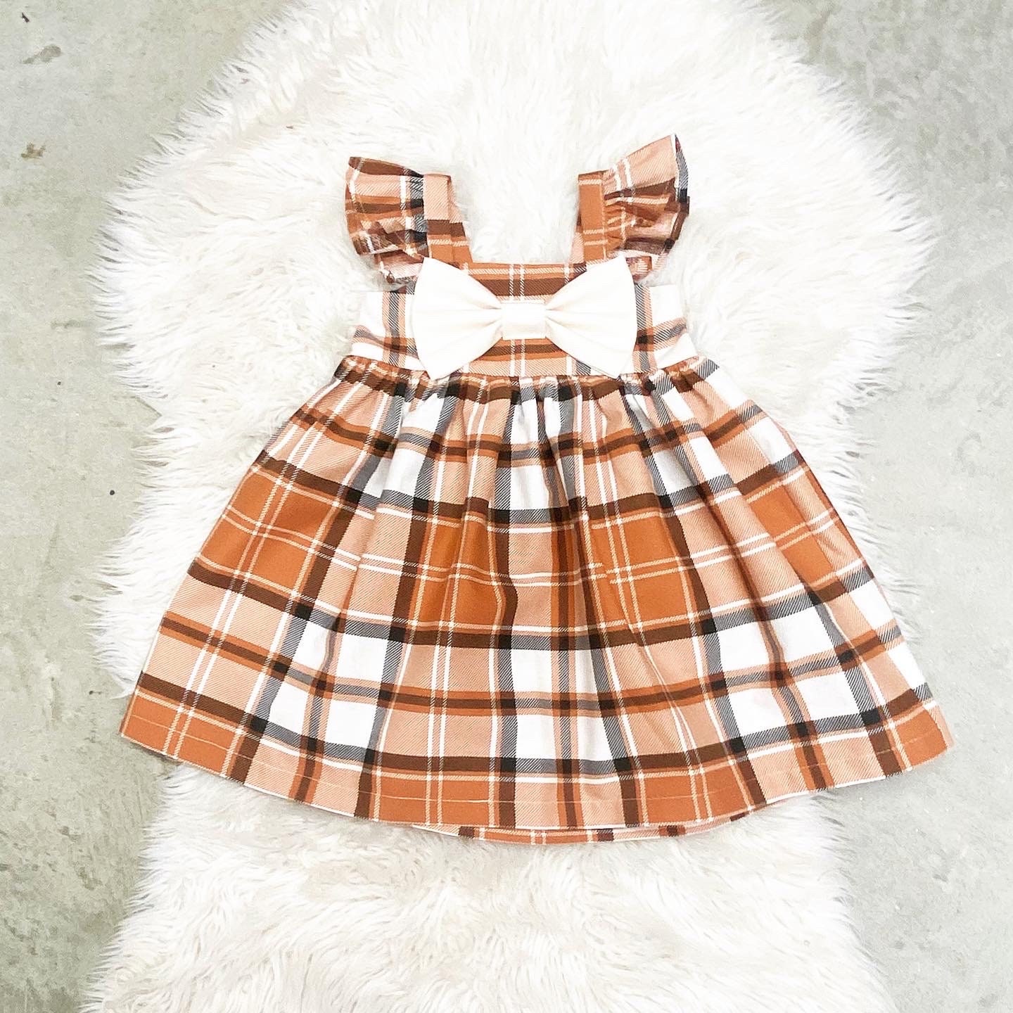 brown plaid baby dress Cozy Pixies Baby Girl Colorblock Bow Decor Round Neck Brown Plaid Long Sleeve Waist Cinched Dress, Versatile & Comfortable