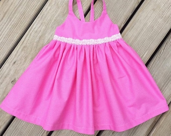 Bubblegum Pink small dot hummingbird dress, Birthday pink dress, newborn photo prop, Girls pink dot dress, toddler thanksgiving pink dress