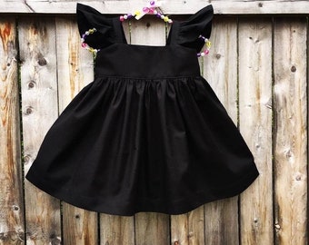 Fluffy sleeves NO bow dress, black flutter sleeves dress, simple black dress, flower girls dress, fall toddler dress, thanksgiving outfits