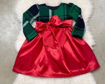 Christmas Fancy Green Plaid Satin Dress, Baby Girls Christmas Hunter Green Dresses, Toddler Christmas Outfits, Christmas Newborn Dresses,