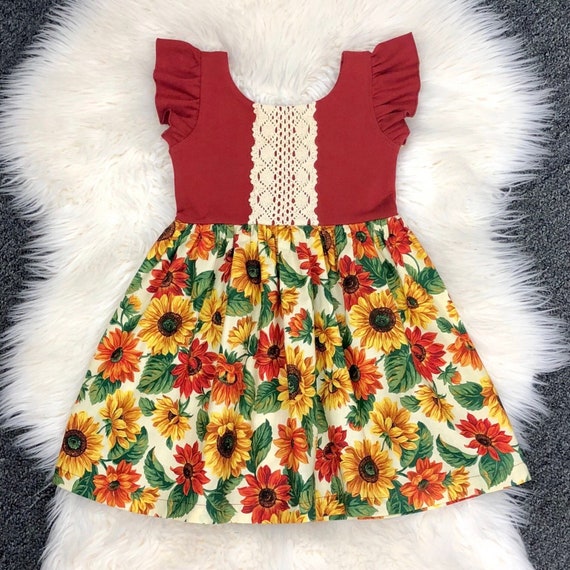 Thanksgiving Sunflower Toddler Dresses Rust Sunflower Dress