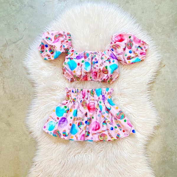 Puffy sleeves crop top and high waisted skirt, cotton candy, boho girls crop top, candy land birthday outfits, toddler birthday cotton candy