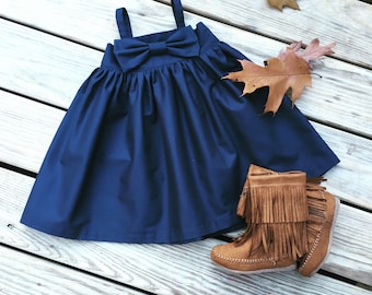 Navy big bow dress, girls fall dress, toddler thanksgiving dress, flower girls dresses, birthday navy dress, toddler birthday dresses,