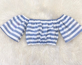 Baby girls denim stripes crop tops, boho girls outfits, boho crop top, off shoulder crop top, cake smash outfits, boho birthday outfits