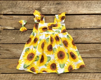 Yellow Sunflower big bow dress, baby girl sunflower outfit, toddler sunflower floral dresses, newborn diaper cover, sunflower bows.