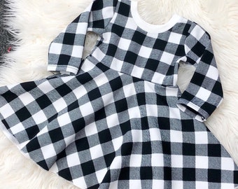 Girls  dresses / Black white buffalo plaid baby girls dresses /  toddler dresses / monochrome dresses /