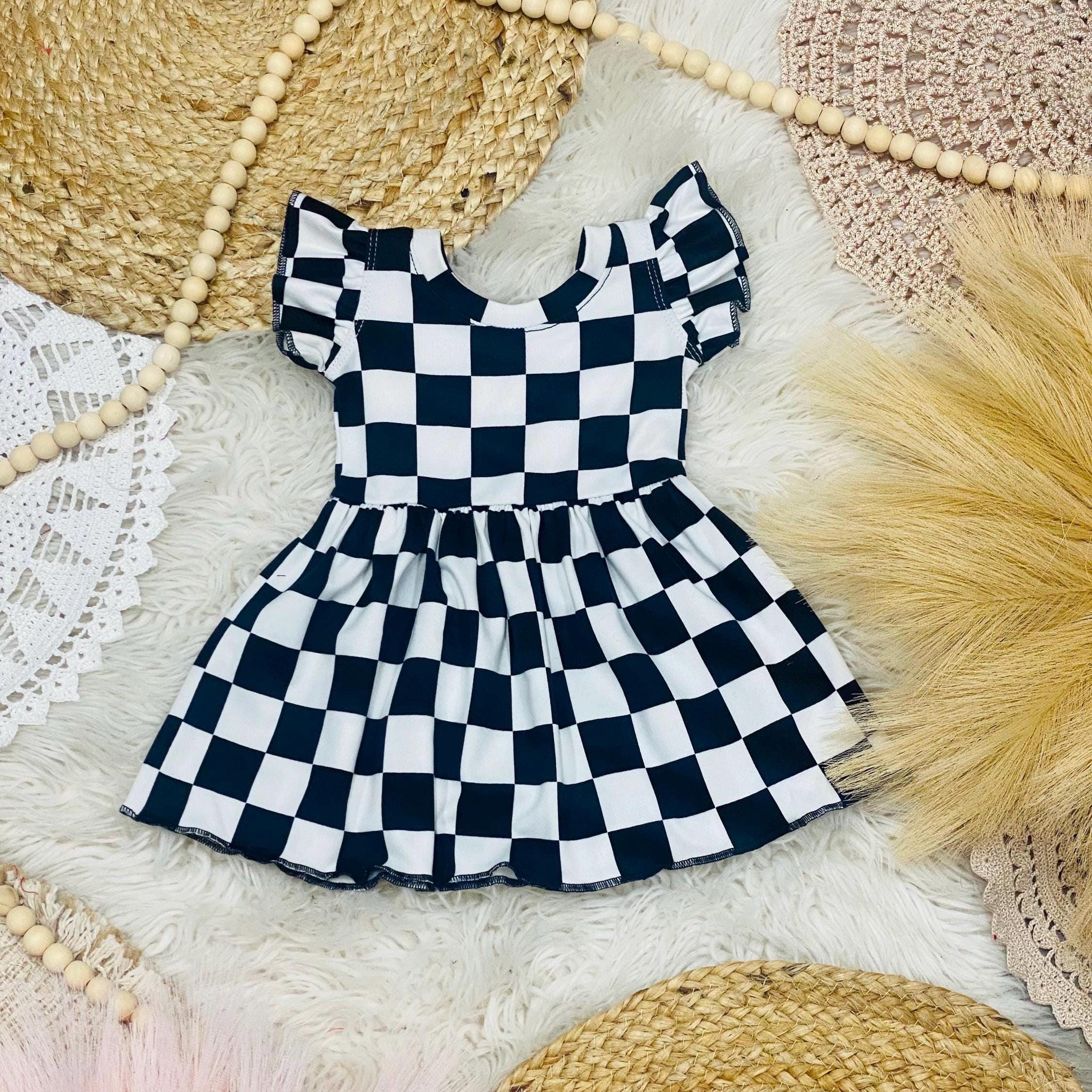 Black White retro kids dresses, baby girl Black White squares dresses, toddler racing checkered outfits, racing baby girl outfits