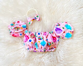 Long sleeves crop tops, cotton candy top, boho girls crop top, candy land birthday outfits, toddler birthday cotton candy