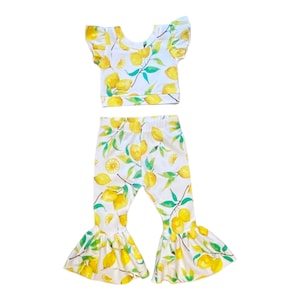 One lemon girls birthday  themed outfit, Berry first belle pants crop top yellow lemons, toddlers lemonade pants top set, headbands