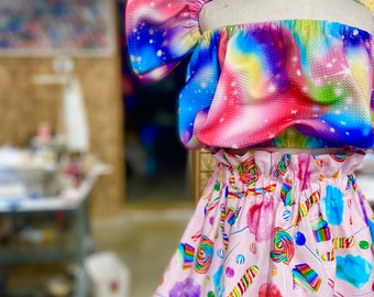 Puffy sleeves crop top and high waisted skirt, cotton candy, boho girls crop top, candy land birthday outfits, toddler birthday cotton candy