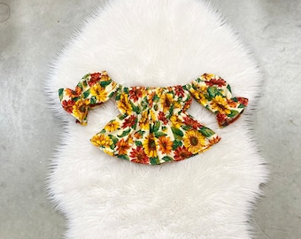 Baby girls Sunflower crop tops, boho girls outfits, boho crop top, off shoulder crop top, cake smash outfits, birthday outfits, boho outfits