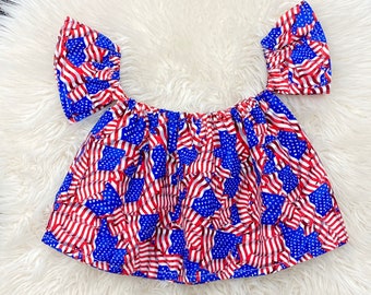 American flag baby girl off shoulder crop top, girls red white blue tops, 4th of July newborn outfits, toddler 4th of July outfit, flags