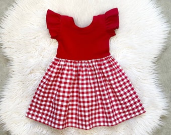 Picnic red squares girls dresses, baby girl red  plaid dresses, red white squares picnic table cloths,one berry birthday, summer picnic dres