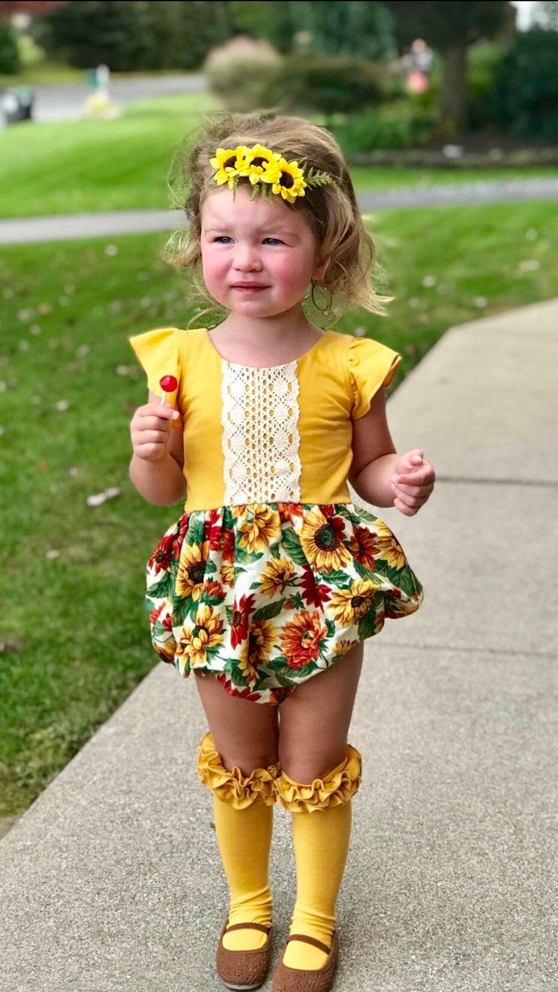 Mustard  sunflower romper / thanksgiving sunflower bodysuit / flutter sleeves romper / thanksgiving baby girls outfits / fall toddler bubble 