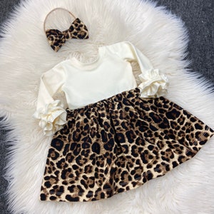 Girls animal print birthday dresses / cream long sleeves baby girls dresses / birthday toddler dresses / cheetah birthday outfits / photo
