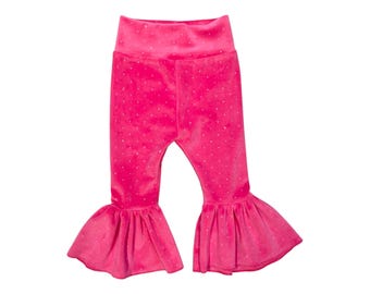 Hot pink velvet baby girl bell pants, boho toddler valentines outfit, newborn retro style hot pink leggings, my first valentine outfit