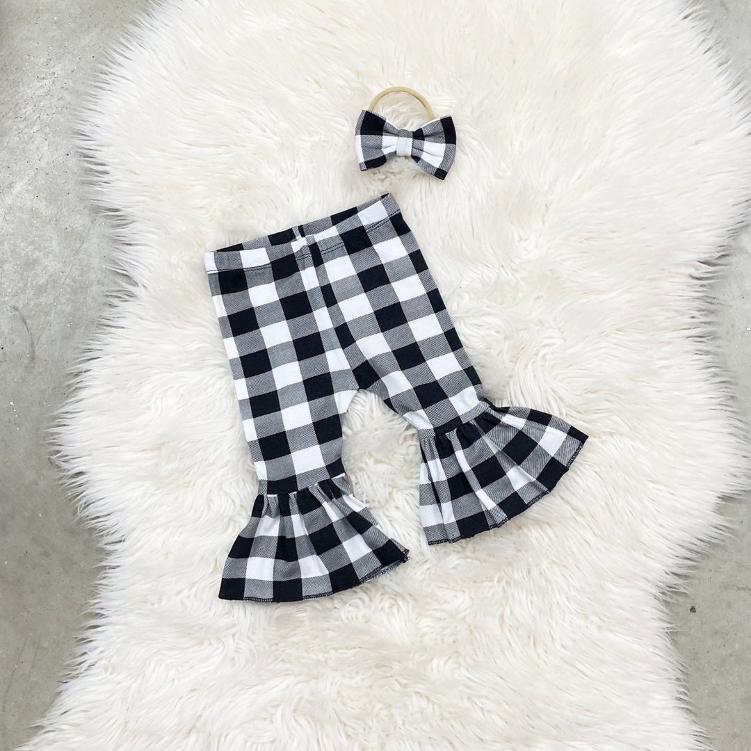White Black Buffalo Plaid Baby Girl Belle Pants Matching Headband Set