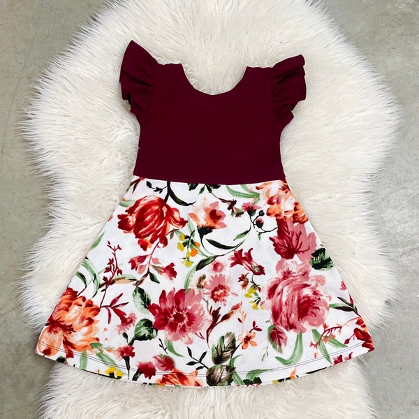 Girls floral Easter dresses / burgundy floral baby girls dresses / toddler fall dresses / spring floral dresses / flower girls dress