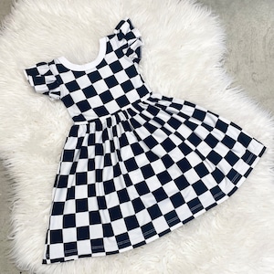 Black white retro kids dresses, baby girl black white squares dresses, toddler racing checkered outfits, racing baby girl outfits