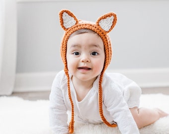 Newborn Knit Crochet Fox Bonnet Hat for Halloween Fall Baby, Toddler, Child