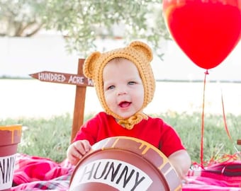 Crochet Knit Yellow Honey Bear Bonnet for Newborn, Baby, Toddler Photography or Cake Smash, Winnie Bear Hat