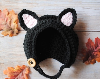 Crochet Kitten Bonnet: Newborn to Baby Halloween Costume, Black Cat Hat