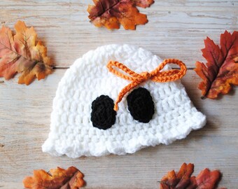 Crochet Knit Baby Ghost Hat Halloween Newborn Costume Orange Bow