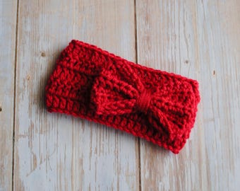 Red Christmas Bow Crochet Knit Headwrap Headband for Baby Toddler Kids