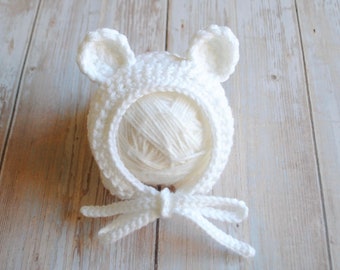 Crochet Knit Polar Bear White Bonnet, Newborn Bear Hat