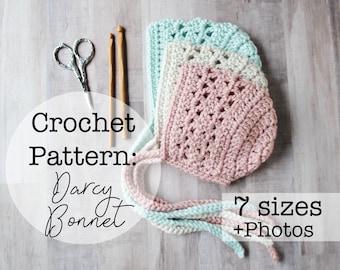 Darcy Bonnet Crochet Pattern: Baby Hat, 7 Sizes (PDF Download)
