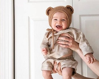 Crochet Bear Bonnet: Newborn Photo Prop, Handmade Knit Hat