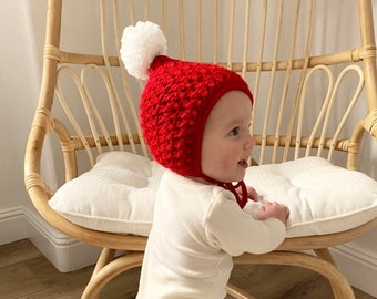 Crochet Knit Red and White Pom Pom Christmas Pixie Santa Bonnet for Newborn, Baby, Toddler Photography