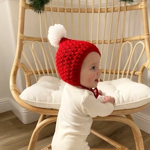 Crochet Christmas Santa Pixie Bonnet: Red and White Pom Pom