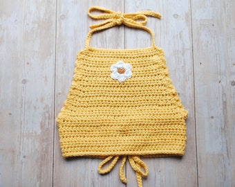 Daisy Yellow Groovy Crochet Knit Crop Top for Baby Toddler Girl