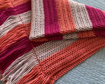 Crochet Fringe Striped Blanket in Purple Coral Pink