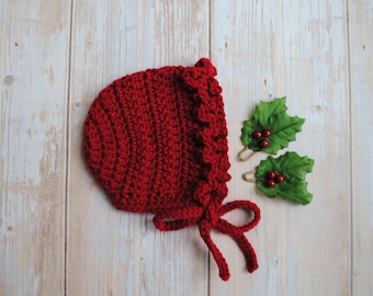 Red Knit Crochet Christmas Bonnet for Newborn Baby Toddler Outfit Photos