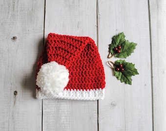 Christmas Santa Hat for Newborn Baby First Holiday Red White Pom Pom