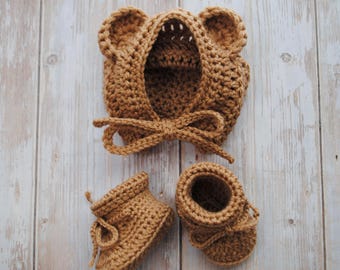 Crochet Knit Bear Bonnet Hat and Booties for Baby, Halloween Baby Costume