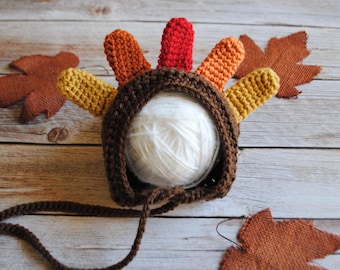 Turkey Feather Crochet Knit Hat Bonnet for Thanksgiving Newborn Baby Toddler