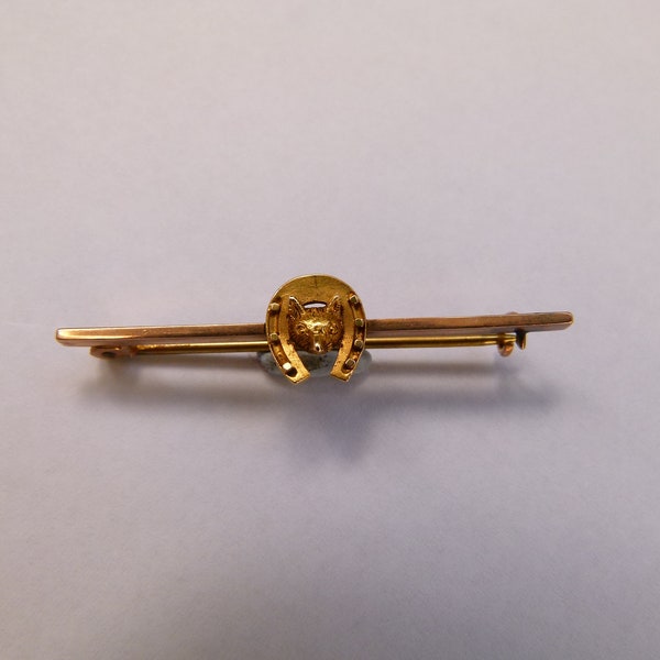 Antique 15ct and 9ct Yellow Gold Fox Head and Horseshoe Bar Brooch