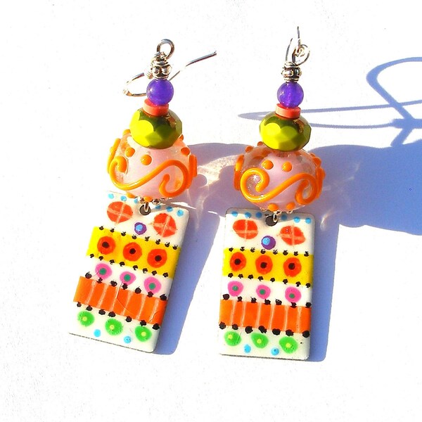 Enamel and lampwork earrings, boho earrings, multicoloured flamework bohemian jewelry hippie gypsy soul unique shabby chic poetic ooak