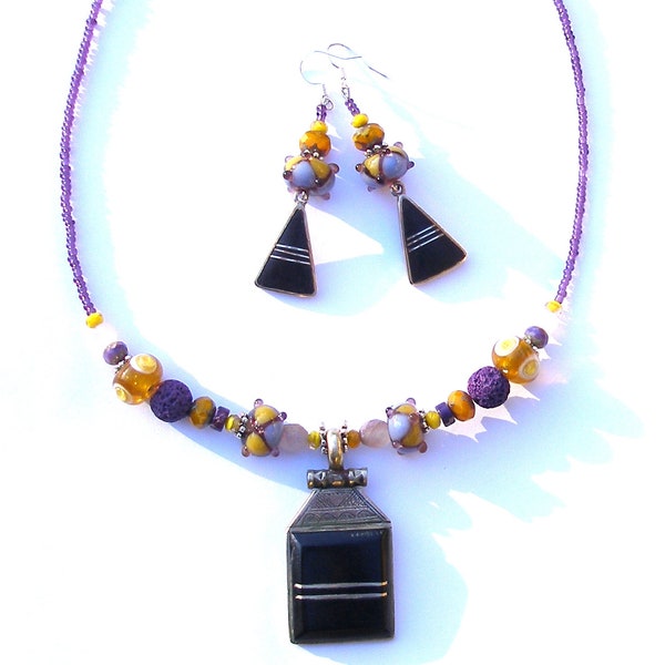 Boho ethnic jewelry set, bohemian earrings and necklace, Tuareg recycled pendants, repurposed, lampwork, purple and yellow ooak handmade