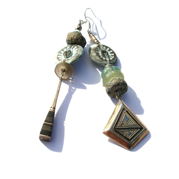 Long ethnic rustic asymmetrical earrings, ceramic Berber Tuareg silver pendants, Krobo beads, OOAK handmade jewelry