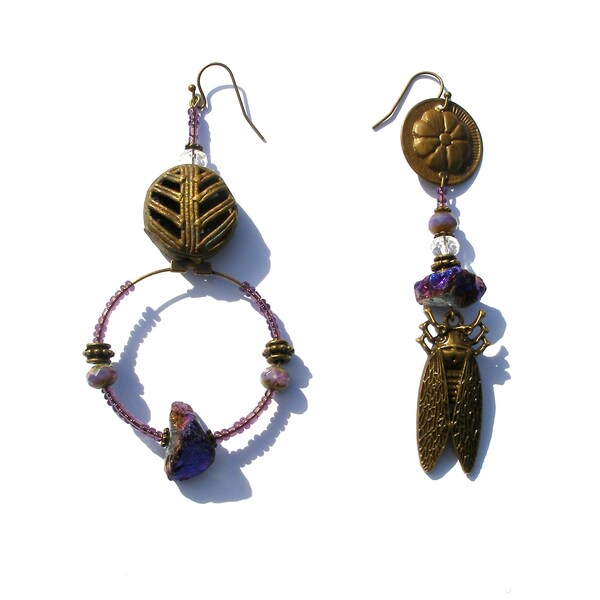 Rustic dangle earrings, asymmetrical insect cicada bohemian Czech glass gypsy boho chic urban primitive bronze purple plum ooak