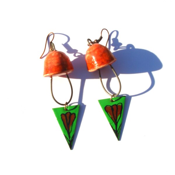 Enameled copper and ceramic earrings, orange and green, enamel jewelry, bohemian rustic boho hippie chic gypsy unique whimsical gipsy ooak