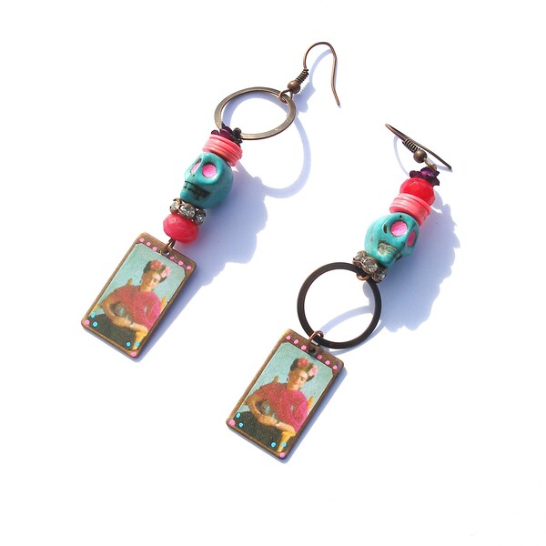 Long multicoloured Frida Kahlo dangle earrings, colourful bronze boho chic Mexican skull hippie handmade unique OOAK gems gemstone jade